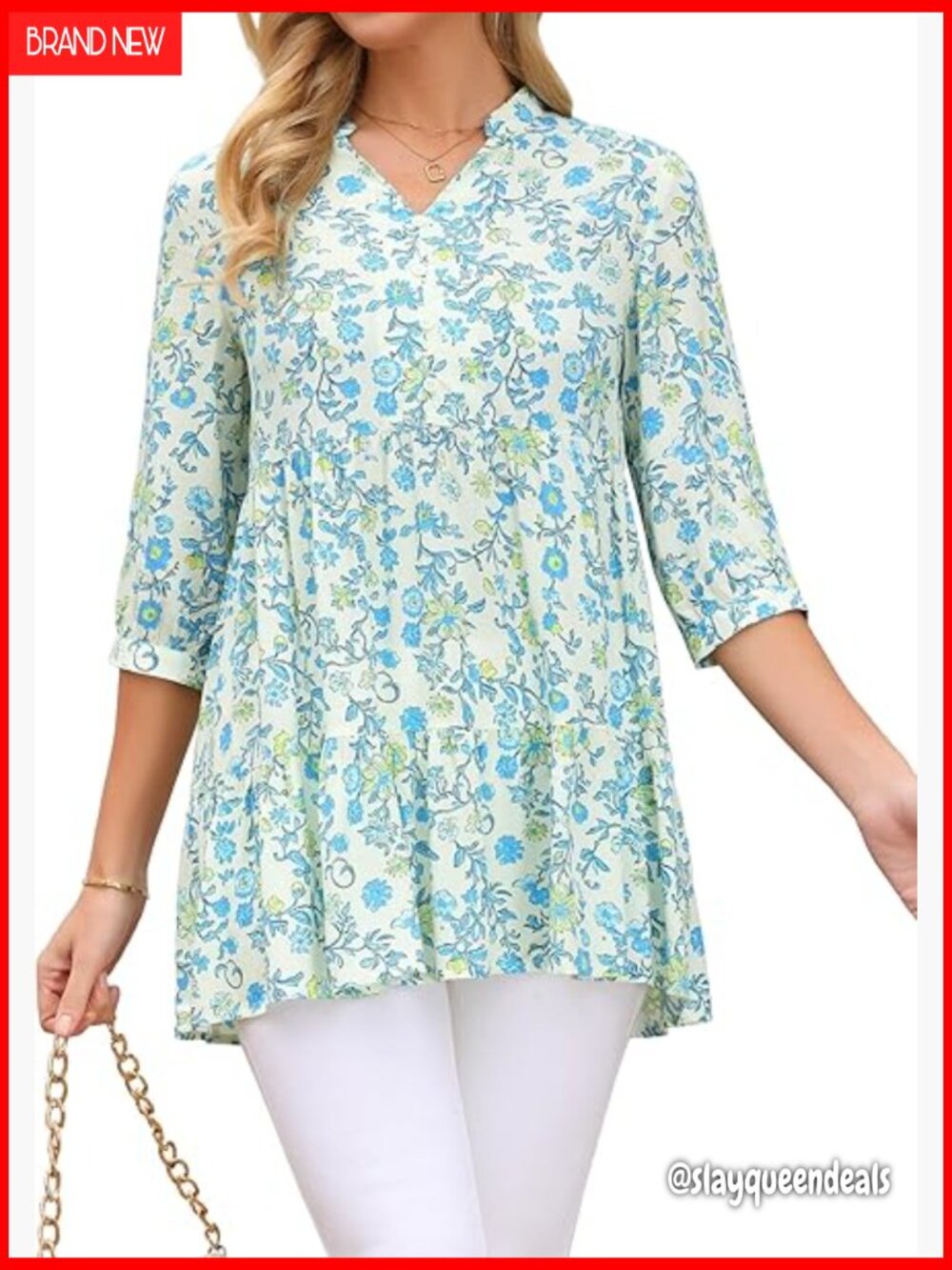 Floral V-Neck Babydoll Tunic 3/4 Sleeve Ruffle Blouse